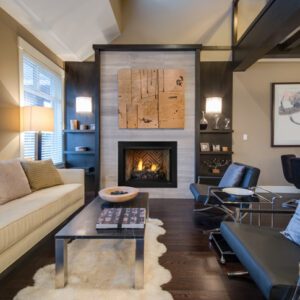 Modern living room with cozy fireplace.