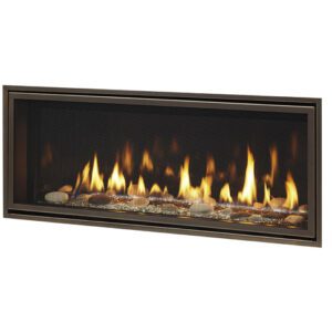 Modern gas fireplace with decorative stones.