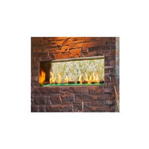 Modern fireplace with decorative stone wall.