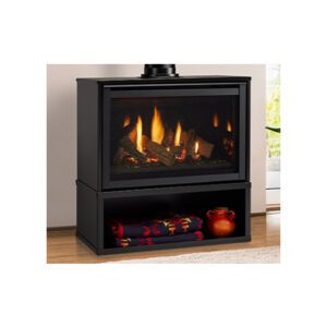 Modern gas fireplace with decorative shelf items.