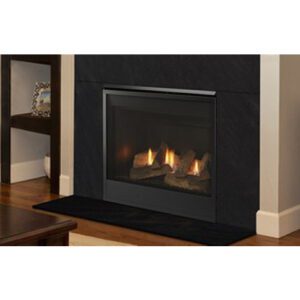 Modern gas fireplace with burning logs.