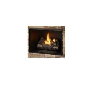 Fireplace with burning logs and flames.