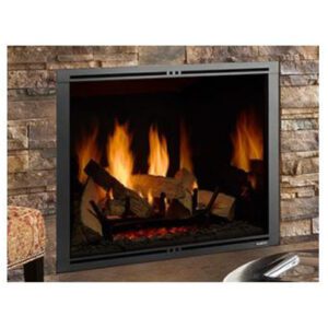 Fireplace with burning logs and flames.