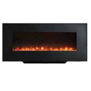 Modern black electric fireplace with glowing flames.