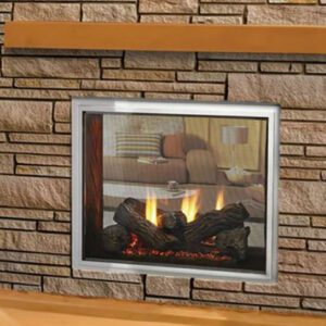 Modern fireplace with stone wall backdrop.