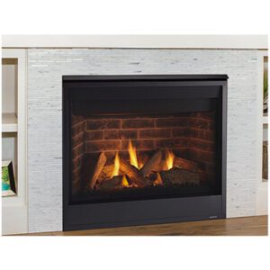 Modern fireplace with burning logs and flames.