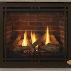 Fireplace with glowing logs and flames.