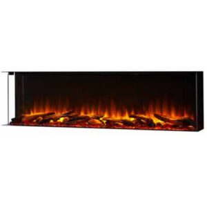Modern electric fireplace with glowing flames.