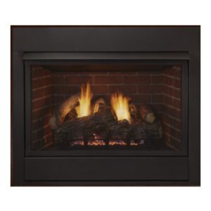 Fireplace with burning logs and flames.
