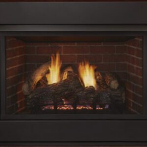 Cozy fireplace with glowing logs and flames.