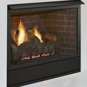 Modern fireplace with burning logs and flames.
