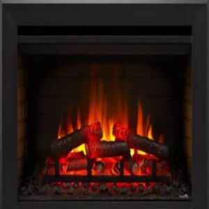 Electric fireplace with glowing logs and flames.