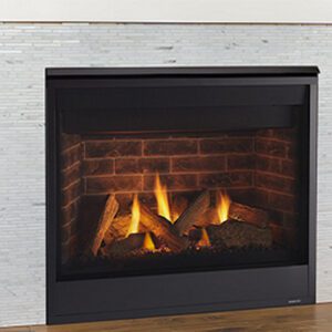 Fireplace with burning logs and flames.