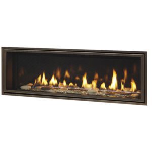 Modern wall-mounted gas fireplace with flames.