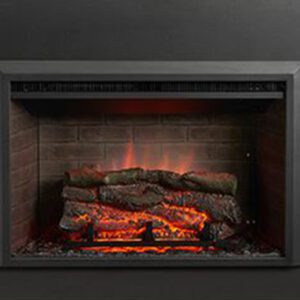 Electric fireplace with glowing artificial logs.
