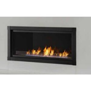 Modern wall-mounted gas fireplace with flames.