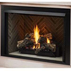 Fireplace with burning logs and flames.