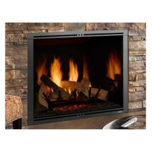 Cozy fireplace with flames and logs.