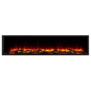 Electric fireplace with glowing flames and logs.
