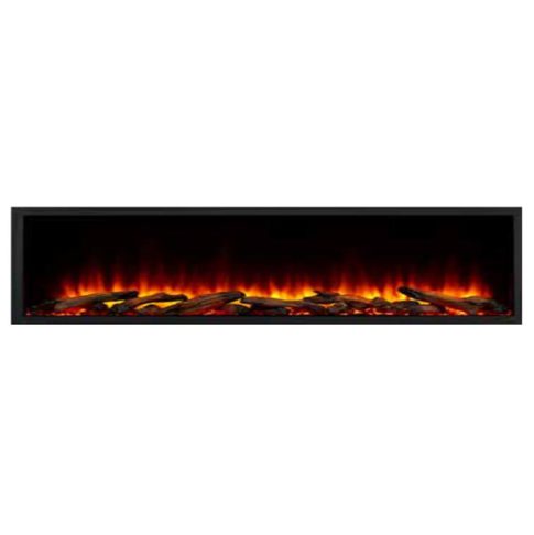 Electric fireplace with glowing flames and logs.