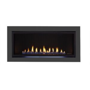 Modern rectangular gas fireplace with flames.