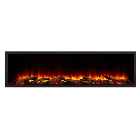 Electric fireplace with glowing embers and flames.