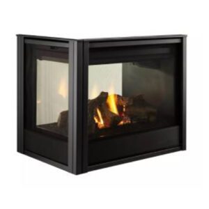 Modern corner fireplace with visible flames.