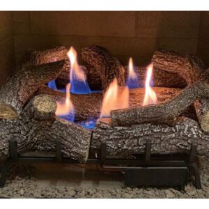 Fireplace logs with glowing blue flames.