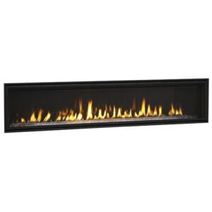 Modern linear electric fireplace with flames.