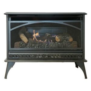Black metal fireplace with burning logs inside.
