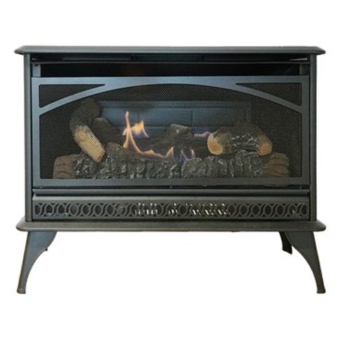 Black metal fireplace with burning logs inside.