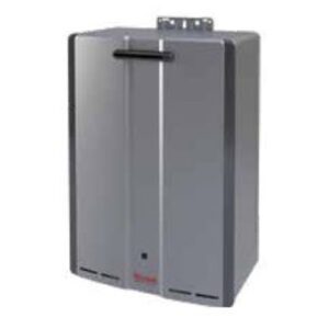 Outdoor tankless water heater, grey, wall-mounted.