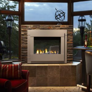 Modern fireplace in cozy living room setting.