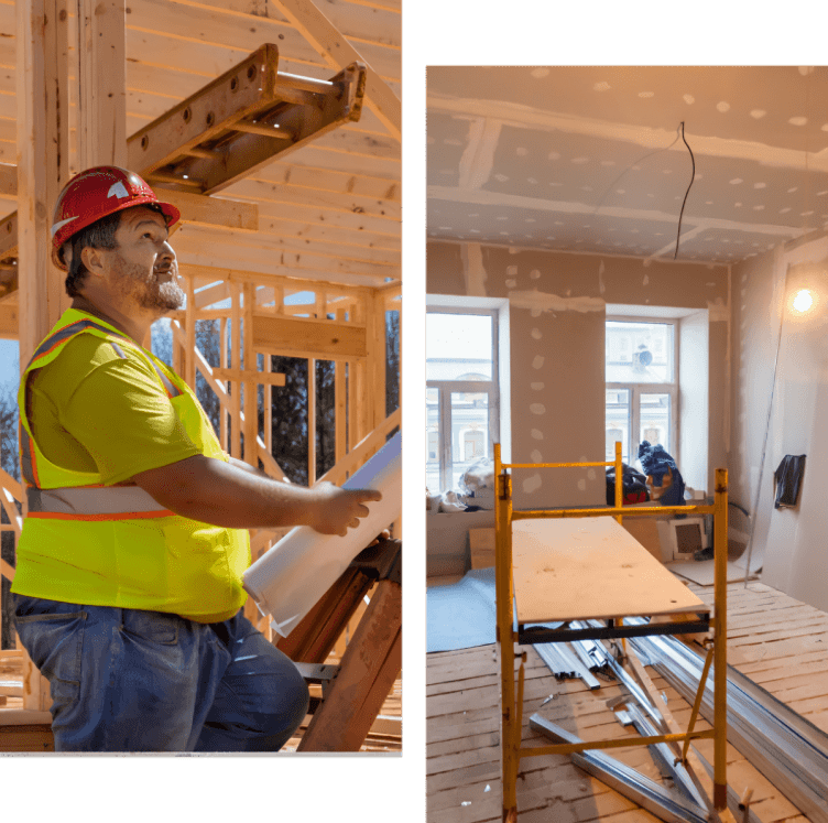 Construction worker and indoor renovation scene.