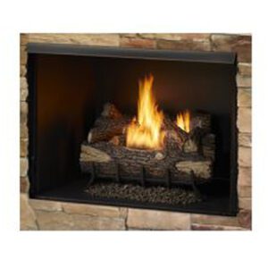 Fireplace with burning logs and flames.