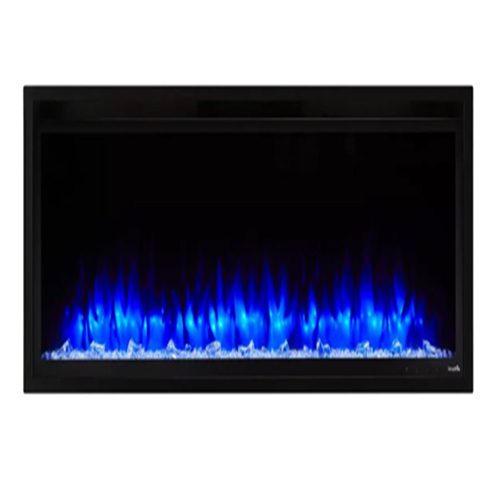 Electric fireplace with blue flame display.
