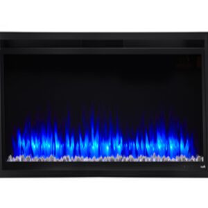 Electric fireplace with blue LED flames.
