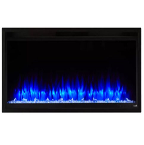 Electric fireplace with blue flames.