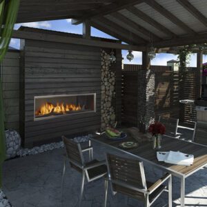 Outdoor patio with fireplace and dining table.
