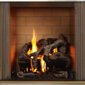 Fireplace with burning logs and flames.