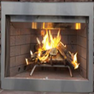 Fireplace with burning logs and flames.