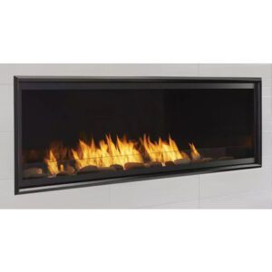 Modern wall-mounted fireplace with glowing flames.