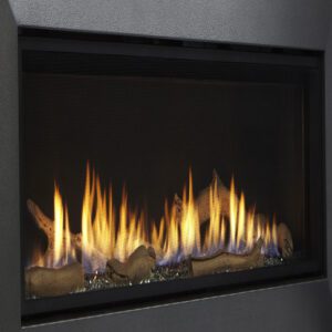 Modern gas fireplace with glowing flames.
