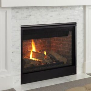 Modern fireplace with burning logs.