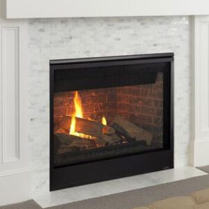 Modern fireplace with burning logs.