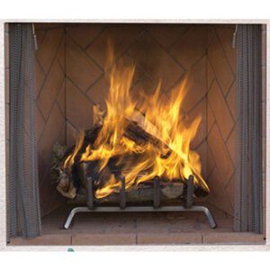 Fireplace with burning logs and flames.