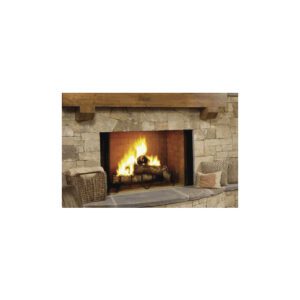 Stone fireplace with a roaring fire.