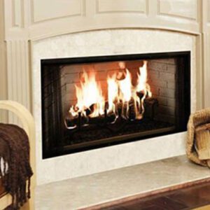 Cozy fireplace with bright, crackling flames.
