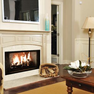 Cozy living room with fireplace and decor.