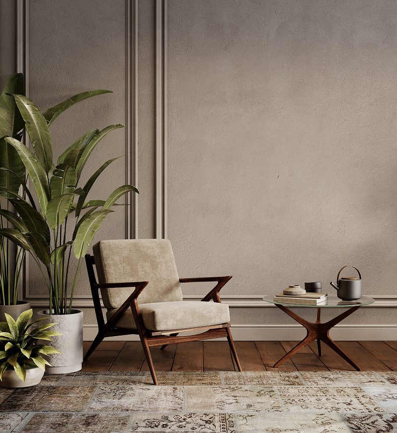Minimalist living room with chair and plants.